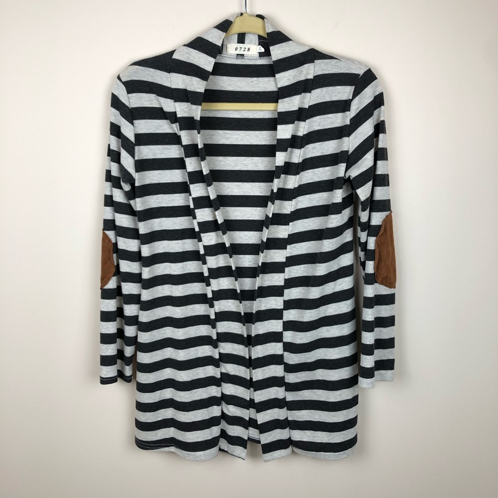 0728 / Boutique Brand - Striped Cardigan with Elbow Patch Detail